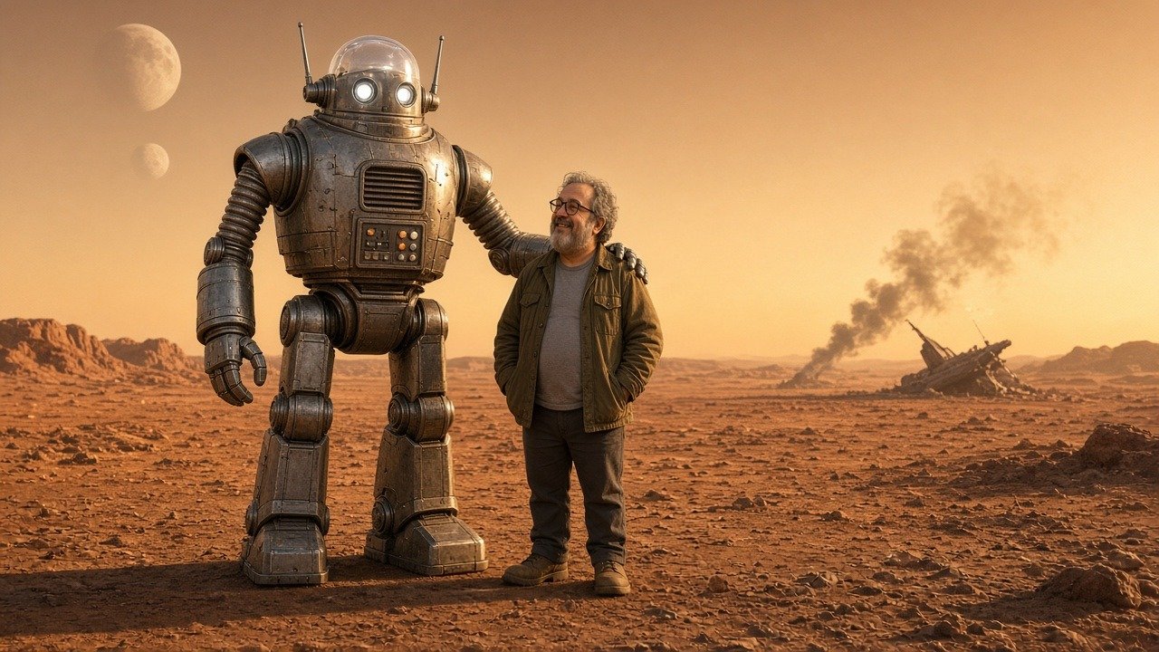 The Stranded CEO and his robot partner by an oasis, the crashed ship behind them